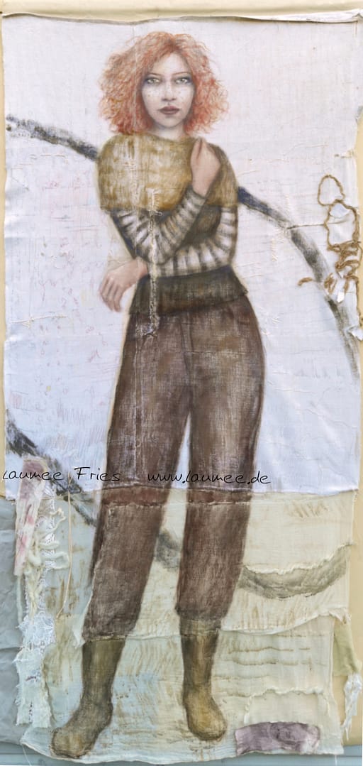 Textile Art by Laumee Fries, Figurative work on recycled fabric with earth pigments and eco paint